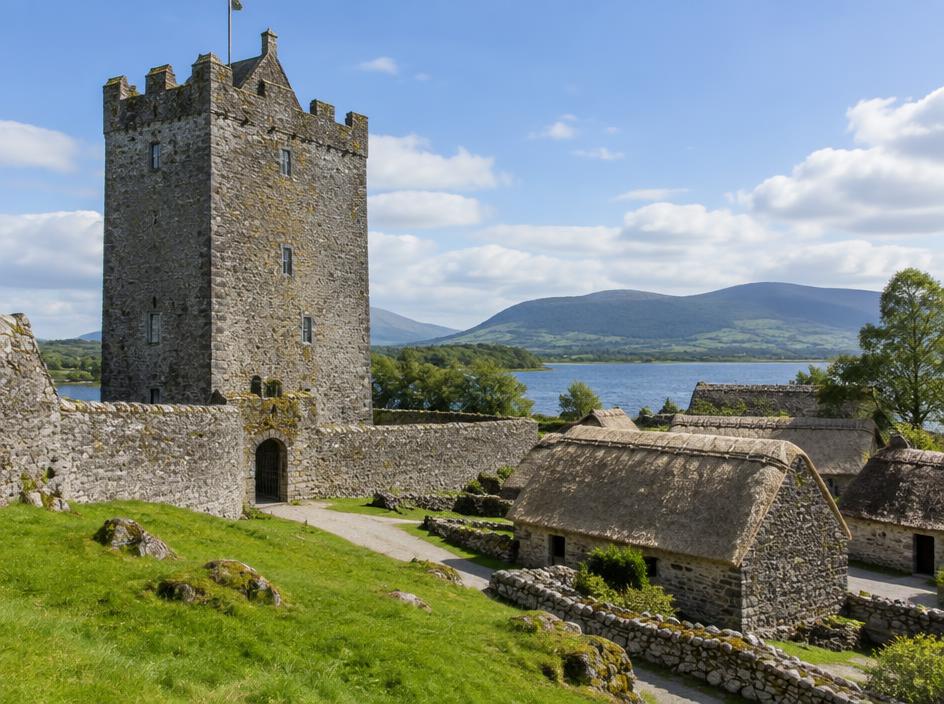 An Irish medieval stone tower castle beside a folk village of thatched cottages.