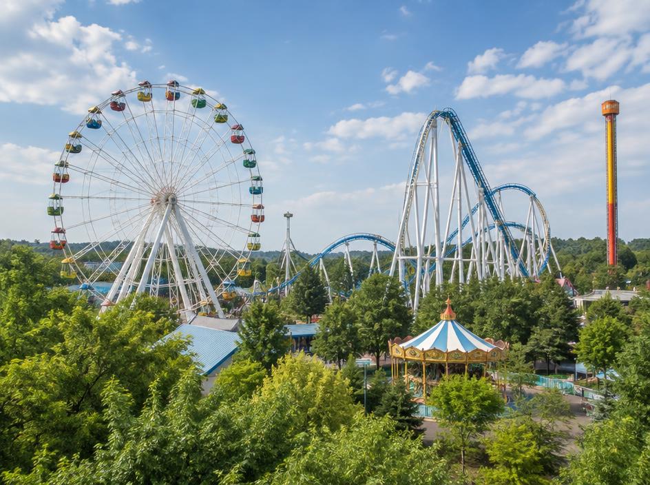 A theme park with a Ferris wheel and rollercoaster among green trees.