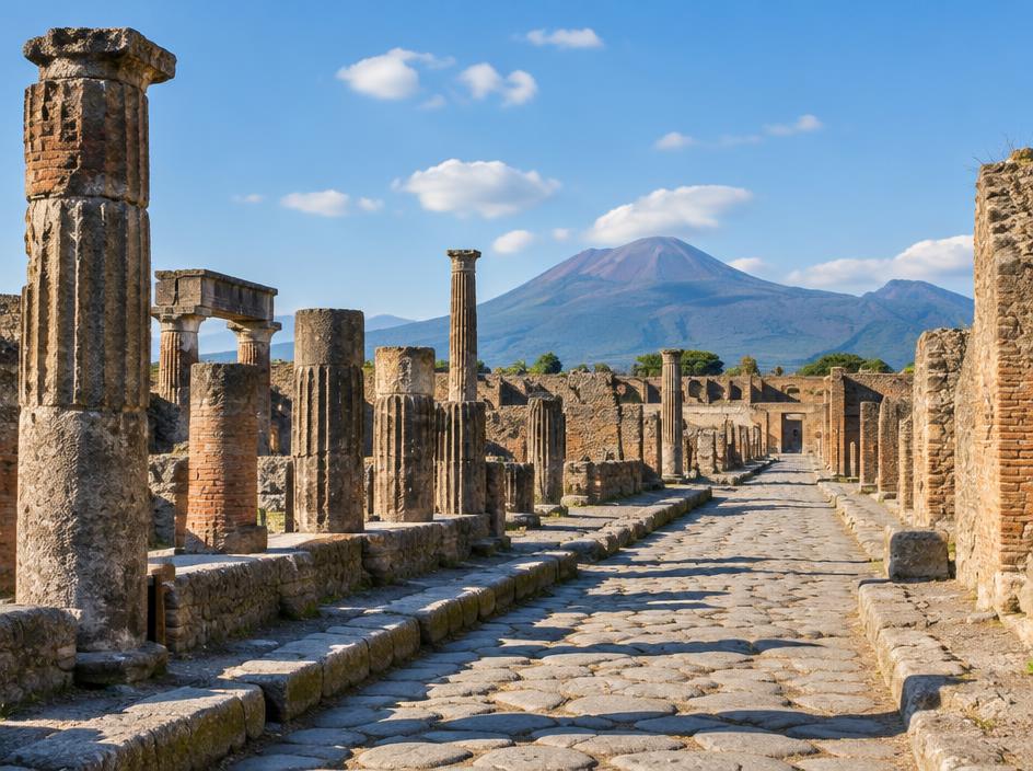 Ancient stone streets and columns at the ruins of Pompeii, with Mount Vesuvius in the distance.