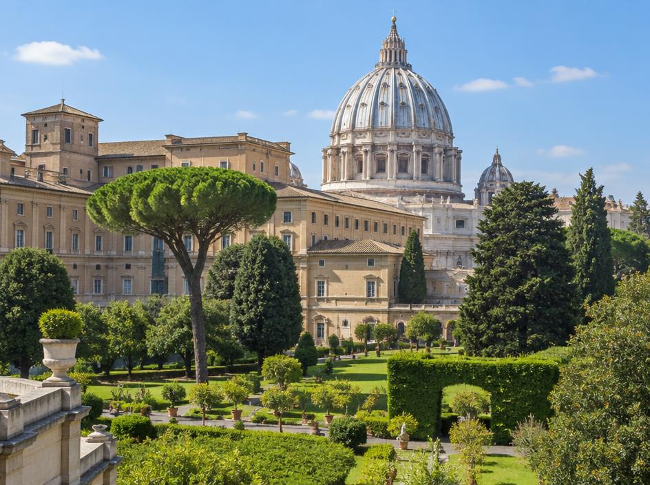 Vatican gardens and palace buildings in Rome with the great dome behind.