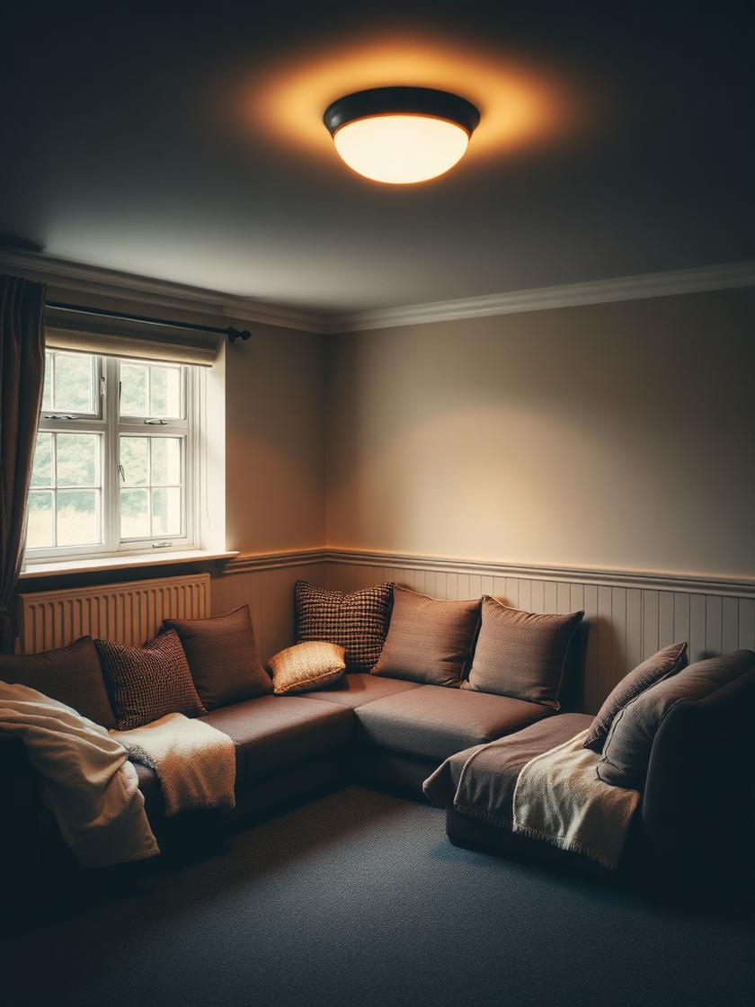 An empty low-lit corner of a hall, laid out with cushions, throws and soft seating.