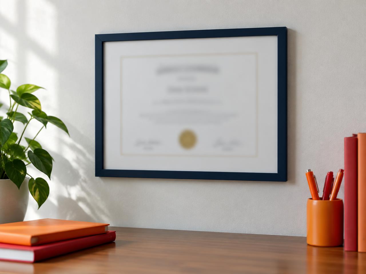 A framed accreditation certificate in an office.