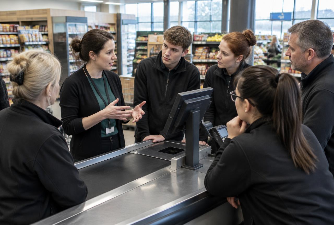 Retail staff gathered for practical training around a checkout.