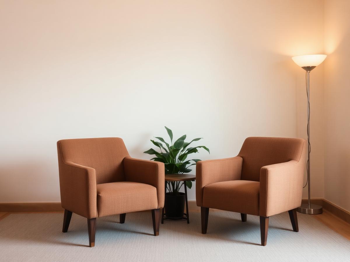 A quiet room set up for a conversation: two armchairs facing each other, a plant and a lamp.