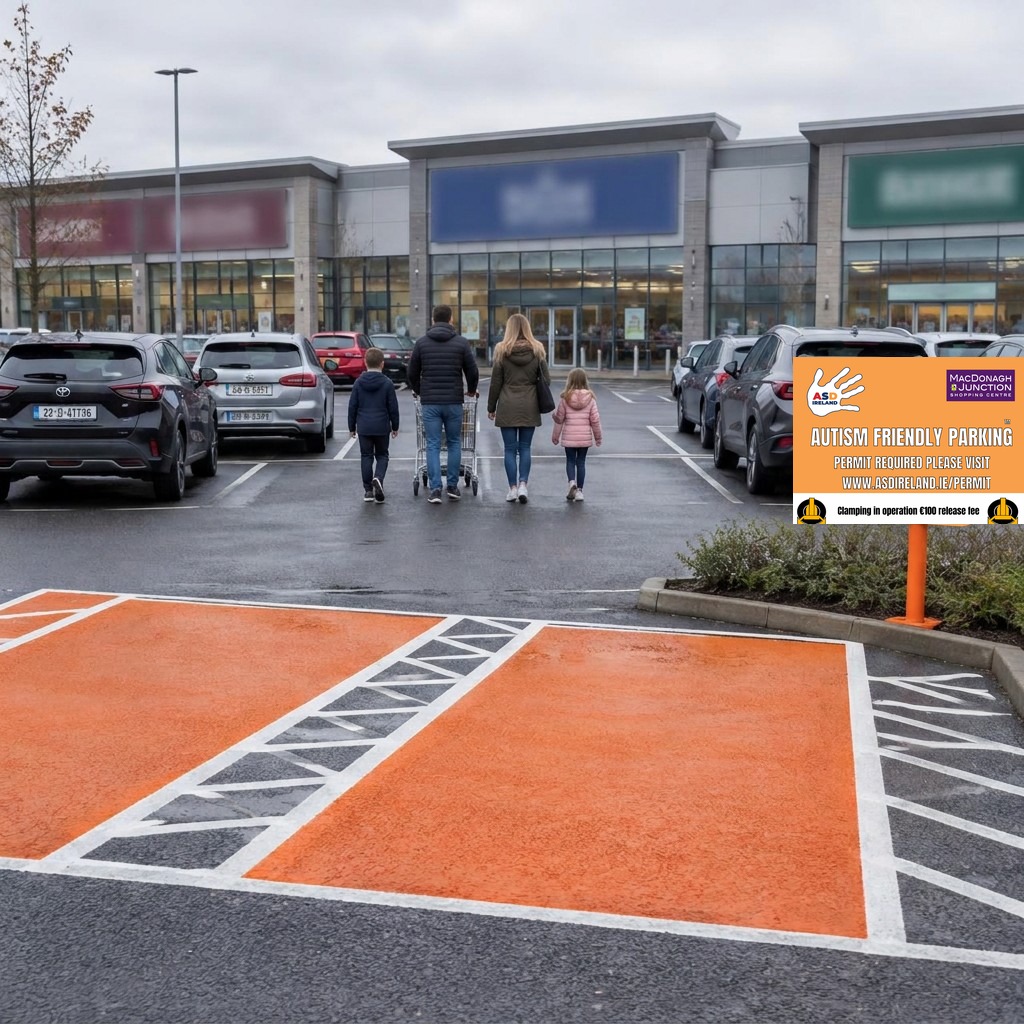Families arriving at a contemporary Irish retail park.