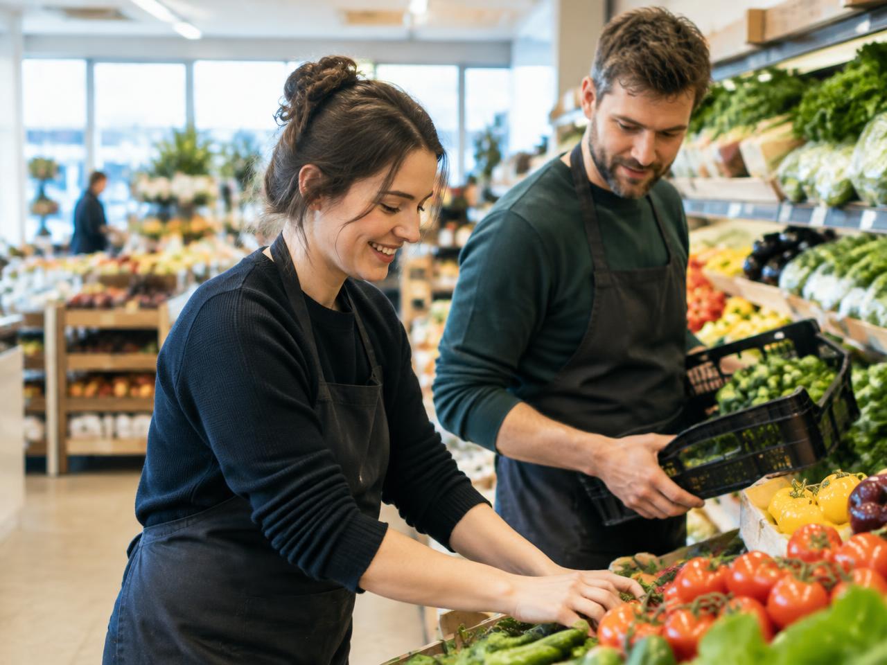 Two supermarket team members working together in the produce section.