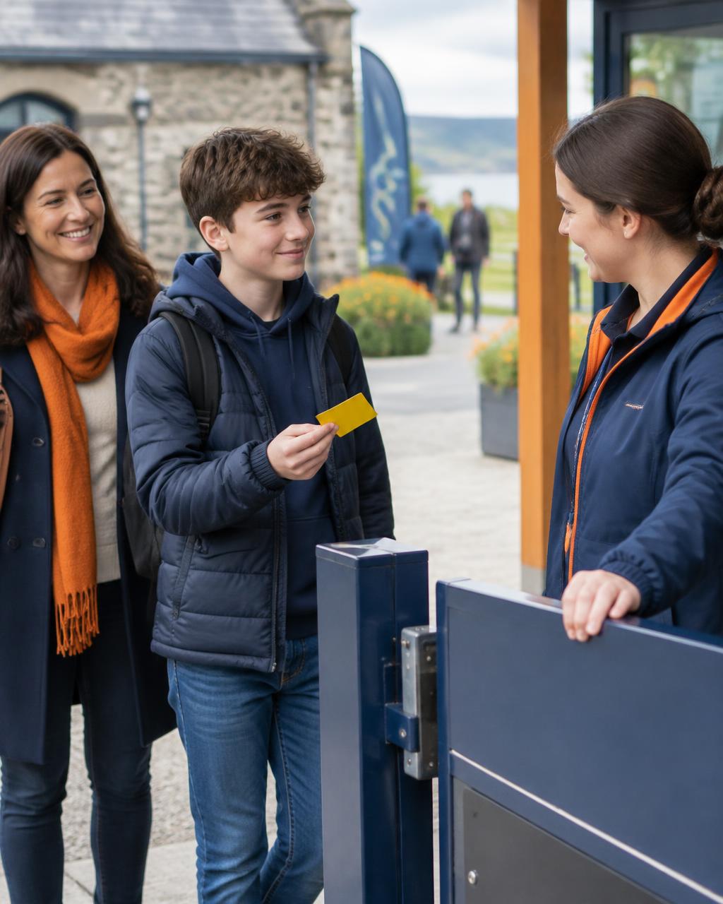 A young person showing a bright yellow ID card to a welcoming staff member at a visitor attraction entrance, with a parent standing beside them.